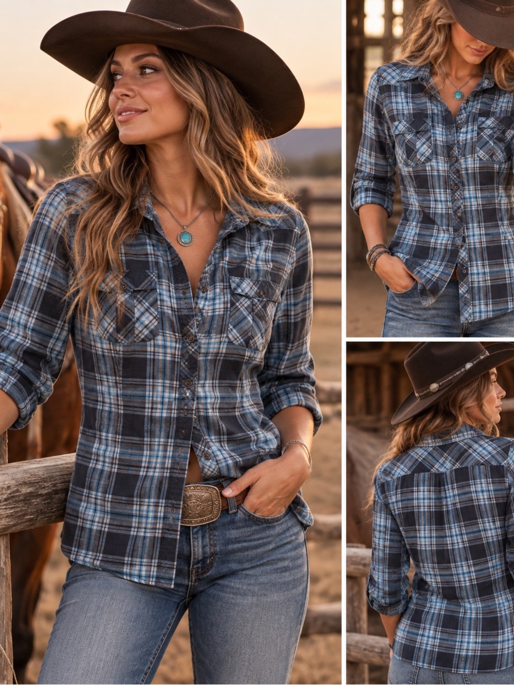 Western anchor blue Blue and White Plaid Button-Down Shirt
